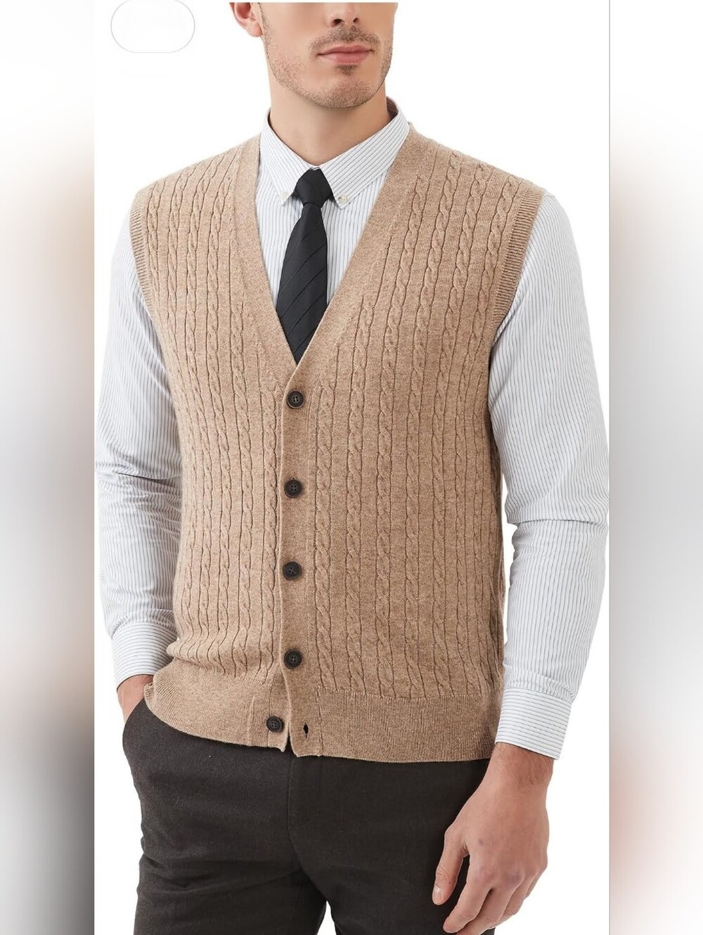 Kallspin Beige Wool Cashmere Men Cable Knit Button Front Cardigan Vest Size XXXL